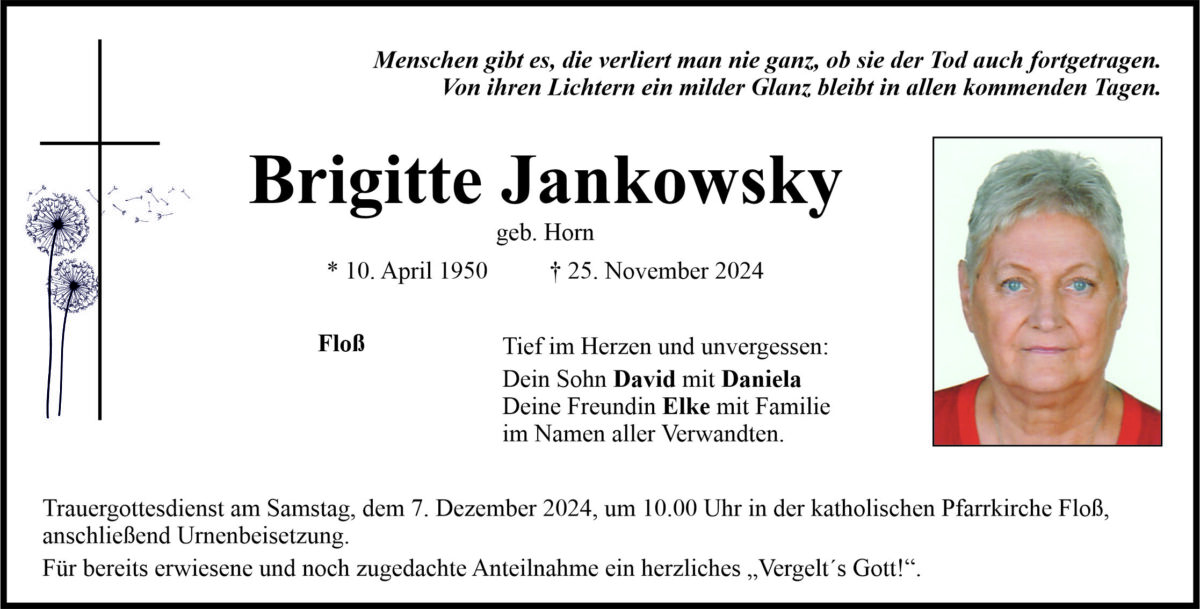 Traueranzeige Brigitte Jankowsky, Floß