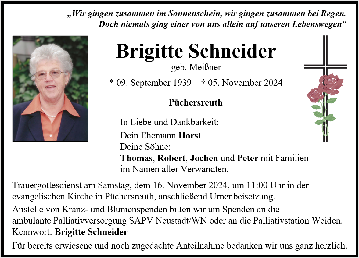 Traueranzeige Brigitte Schneider, Püchersreuth