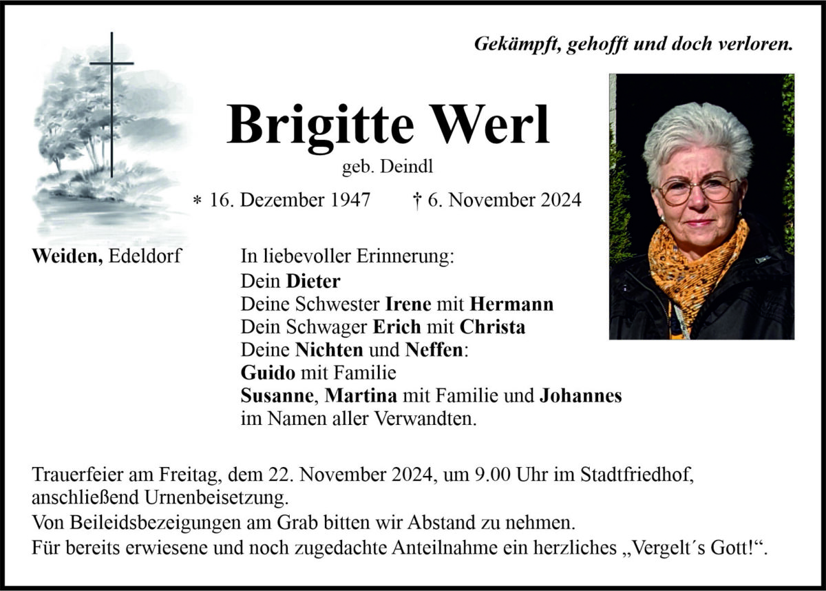 Traueranzeige Brigitte Werl, Weiden