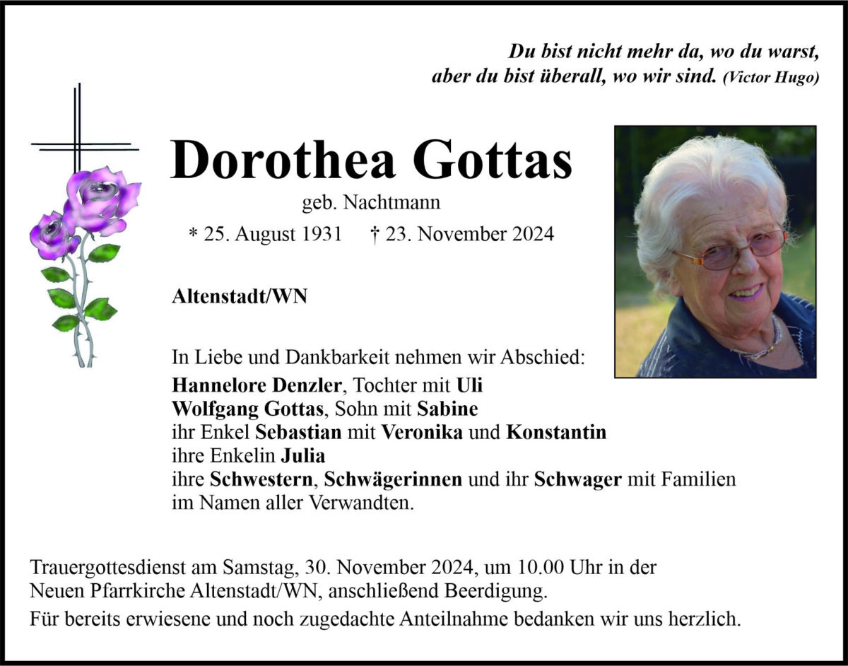 Traueranzeige Dorothea Gottas, Altenstadt/WN