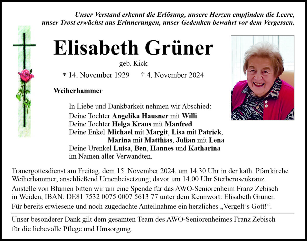 Traueranzeige Elisabeth Grüner, Weiherhammer