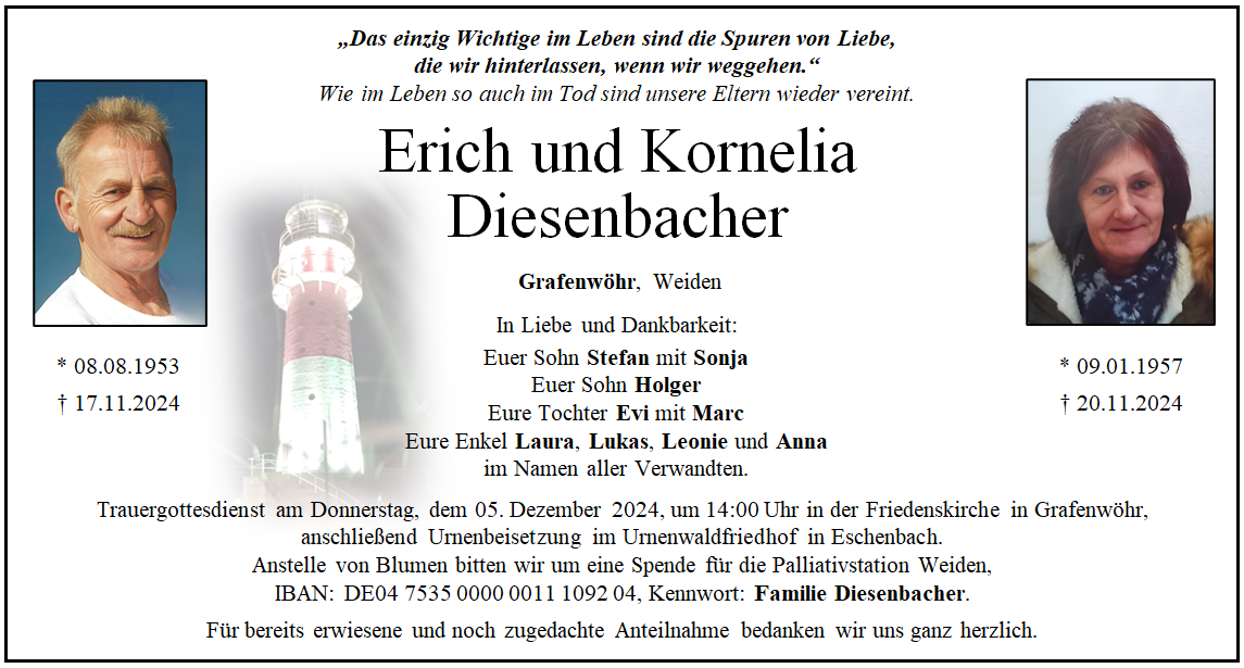 Traueranzeige Erich und Kornelia Diesenbacher, Grafenwöhr