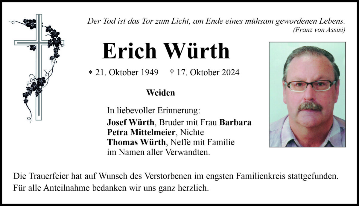 Traueranzeige Erich Würth, Weiden