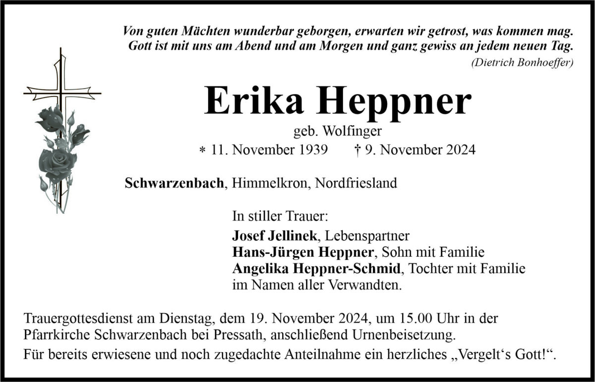 Traueranzeige Erika Heppner, Schwarzenbach