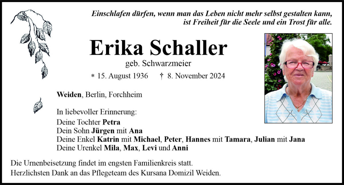 Traueranzeige Erika Schaller, Weiden