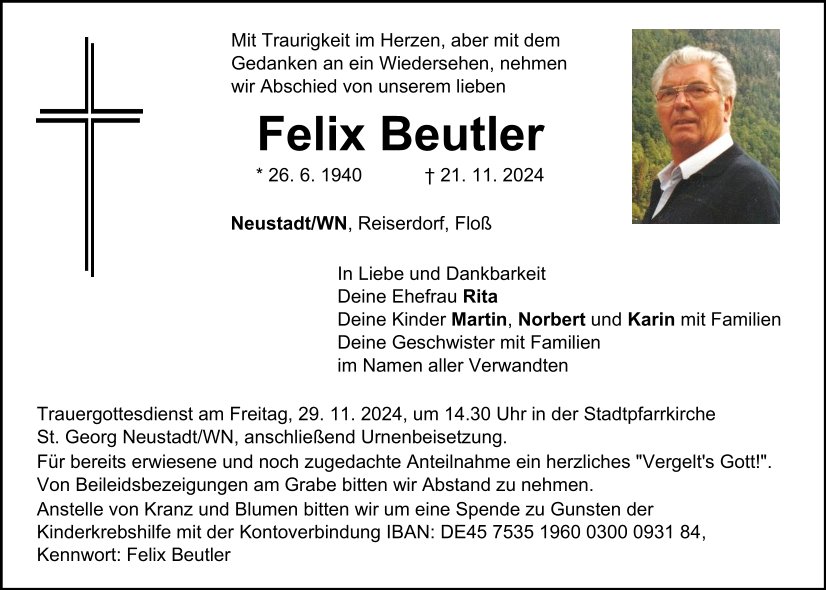 Traueranzeige Felix Beutler, Neustadt/WN