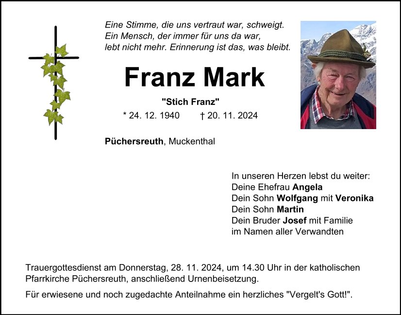 Traueranzeige Franz Mark, Püchersreuth
