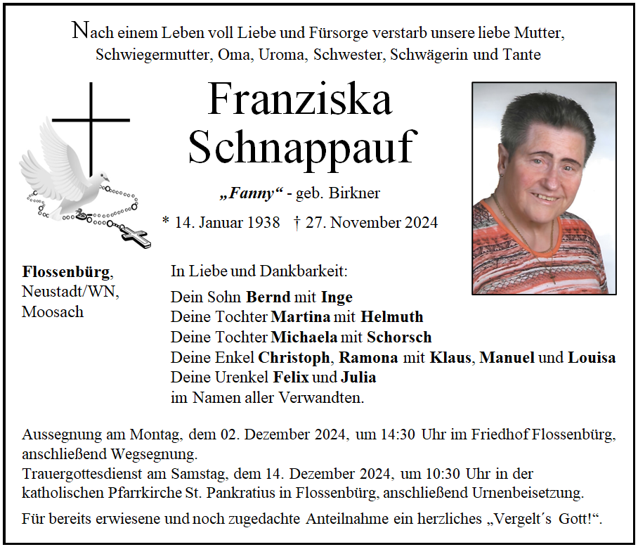 Traueranzeige Franziska Schnappauf, Flossenbürg