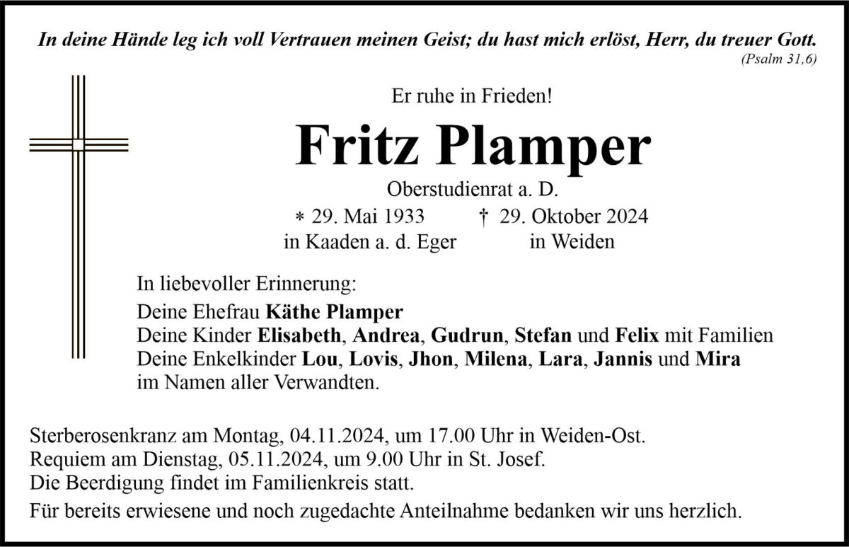 Traueranzeige Fritz Plamper, Weiden
