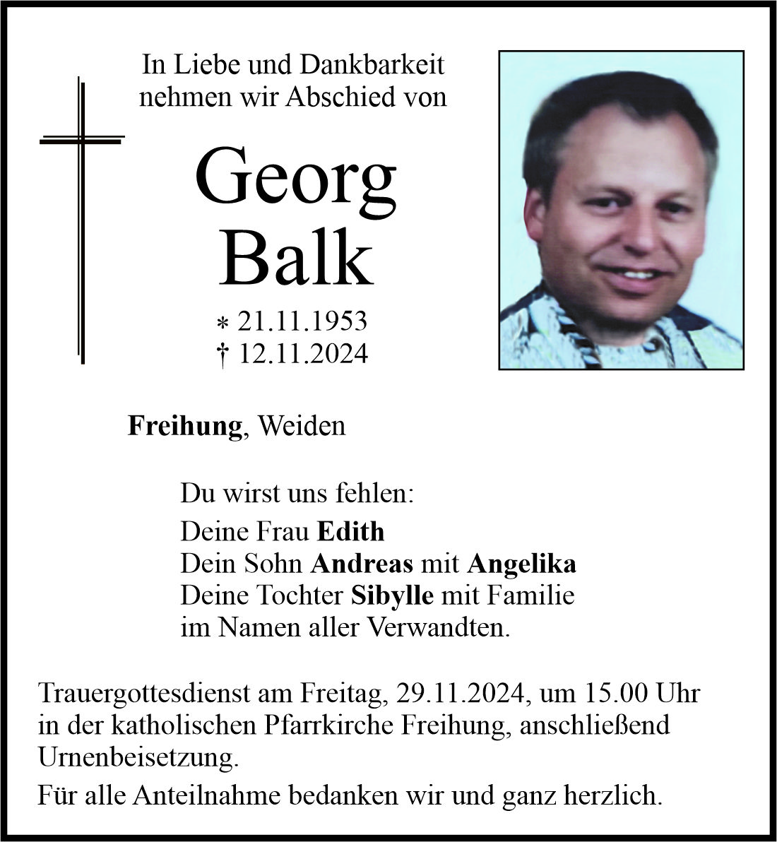 Traueranzeige Georg Balk, Freihung