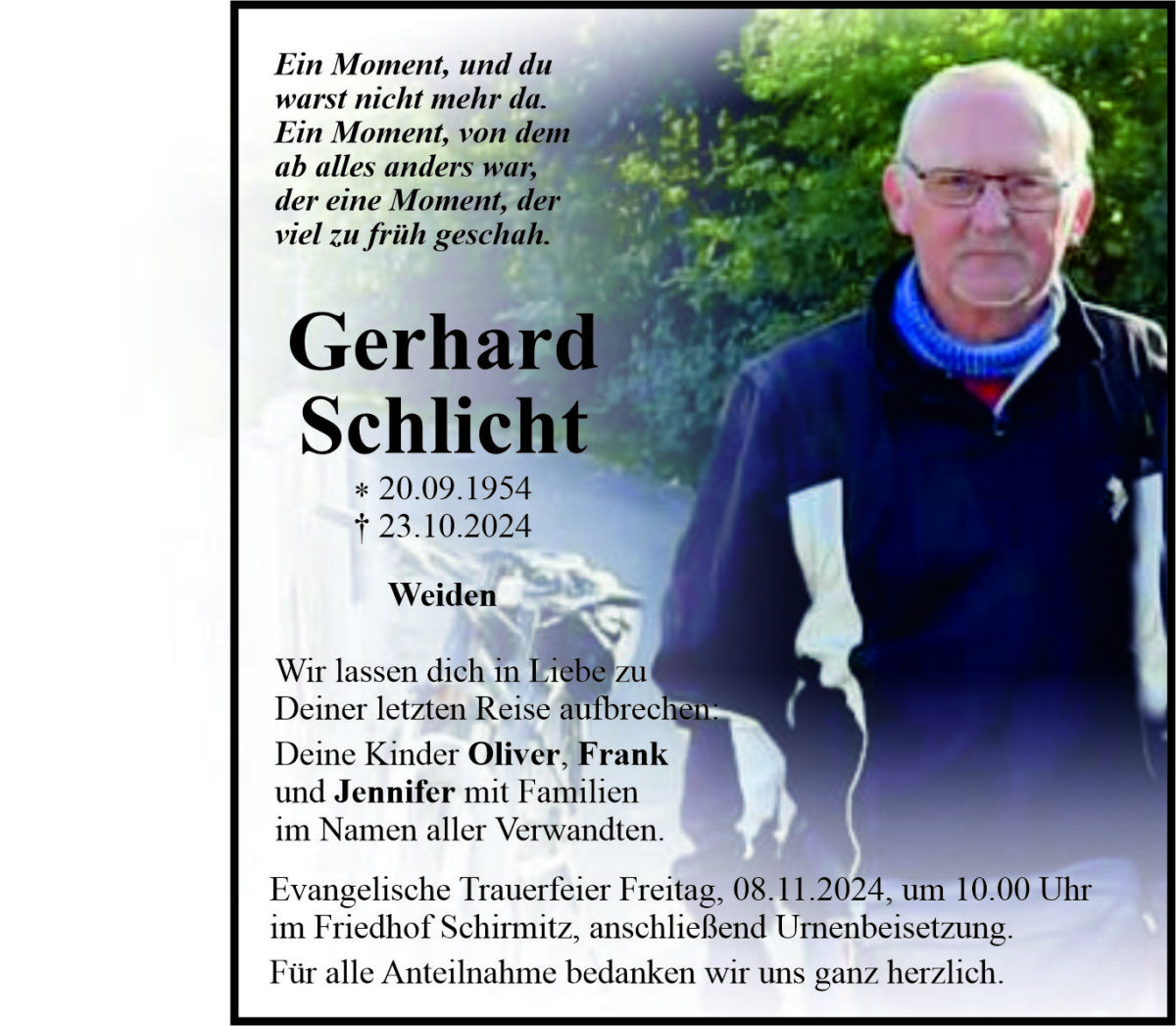 Traueranzeige Gerhard Schlicht, Weiden