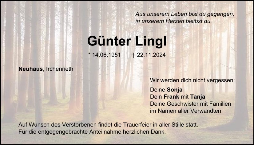 Traueranzeige Günter Lingl, Neuhaus