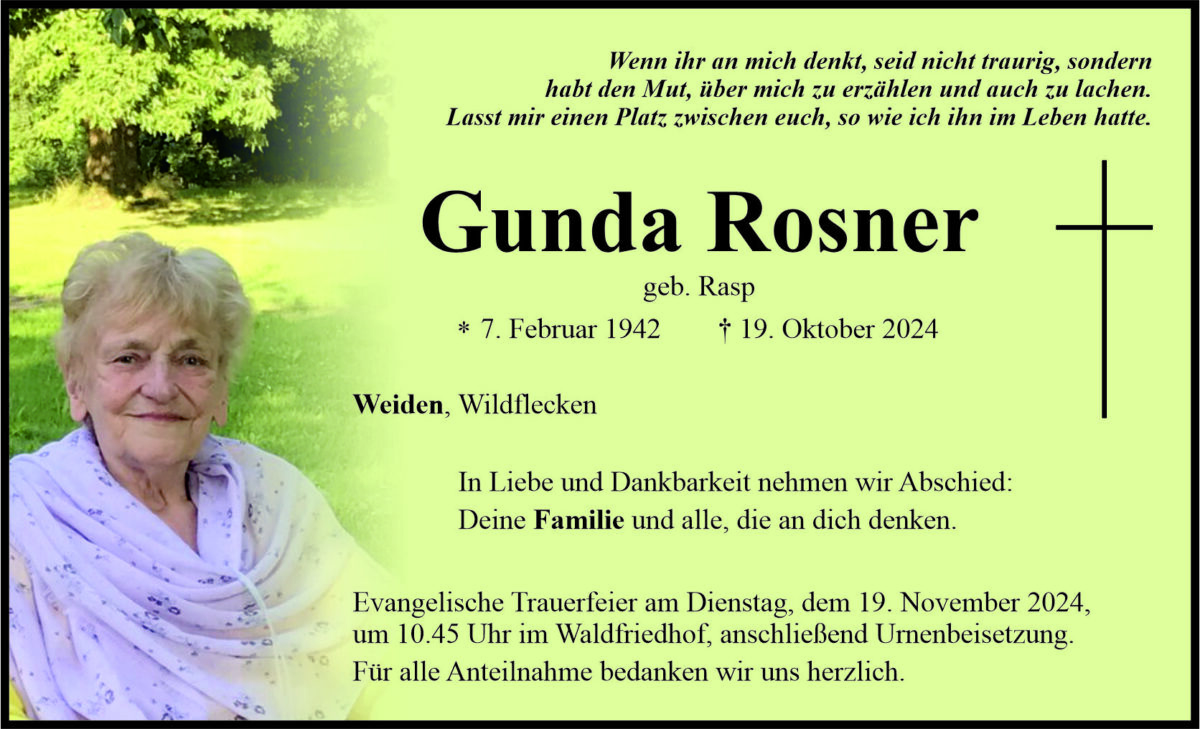 Traueranzeige Gunda Rosner, Weiden
