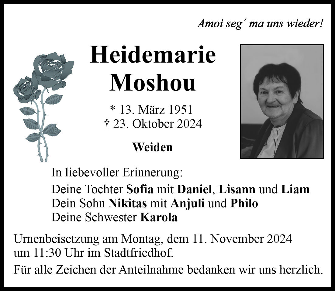 Traueranzeige Heidemarie Moshou, Weiden