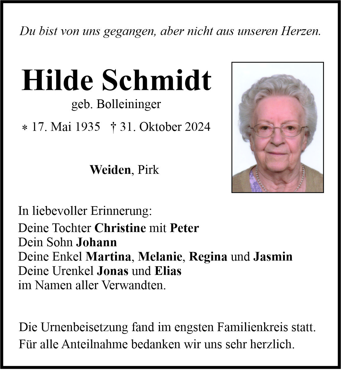 Traueranzeige Hilde Schmidt, Weiden