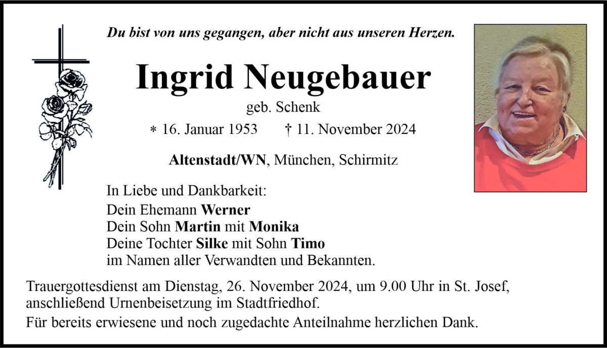 Traueranzeige Ingrid Neugebauer, Altenstadt