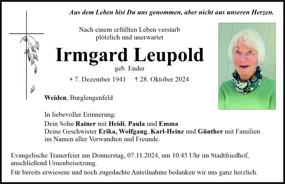 Traueranzeige Irmgard Leupold, Weiden