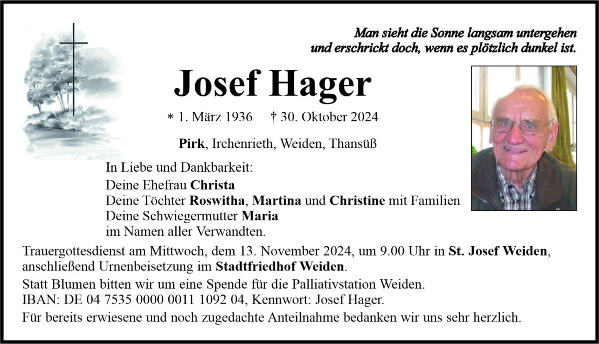 Traueranzeige Josef Hager, Pirk