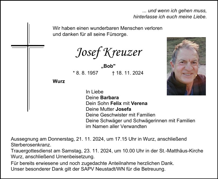 Traueranzeige Josef Kreuzer, Wurz