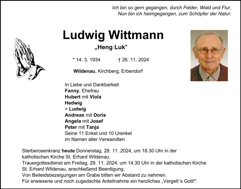 Traueranzeige Ludwig Wittmann, Wildenau