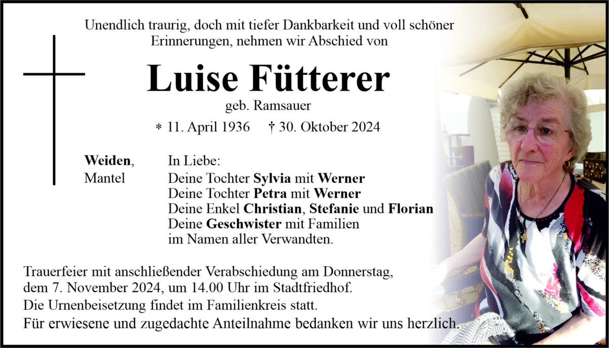 Traueranzeige Luise Fütterer, Weiden