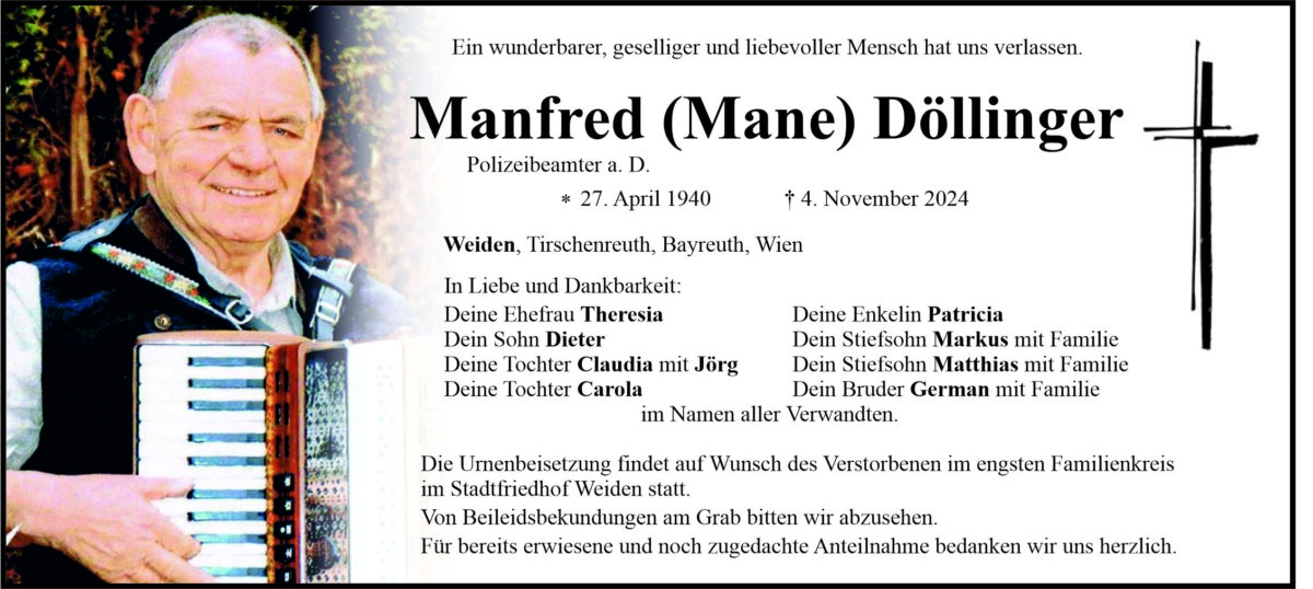 Traueranzeige Manfred Döllinger, Weiden