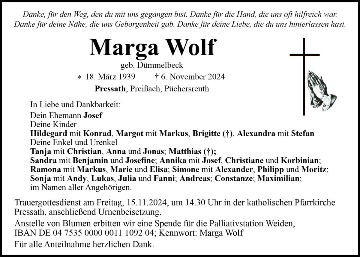 Traueranzeige Marga Wolf, Pressath