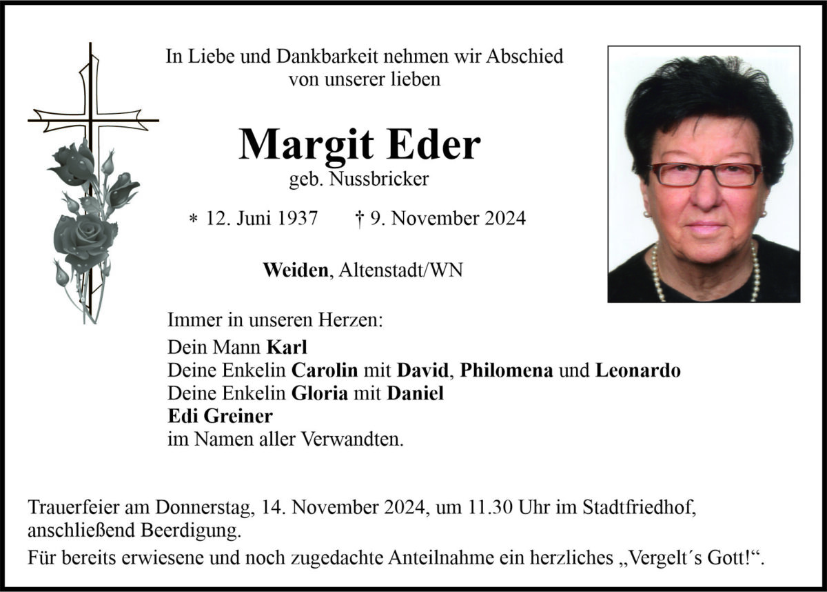 Traueranzeige Margit Eder, Weiden