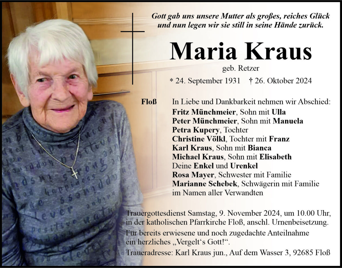 Traueranzeige Maria Kraus, Floß