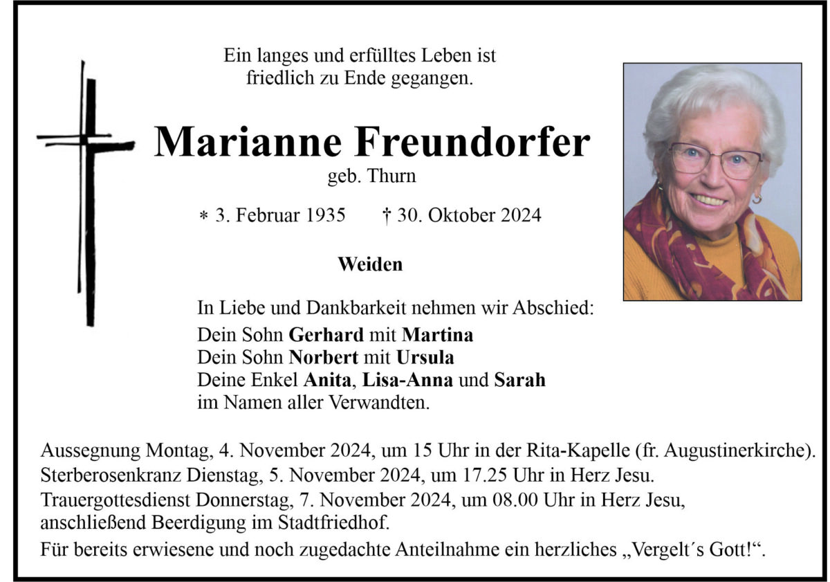 Traueranzeige Marianne Freundorfer, Weiden