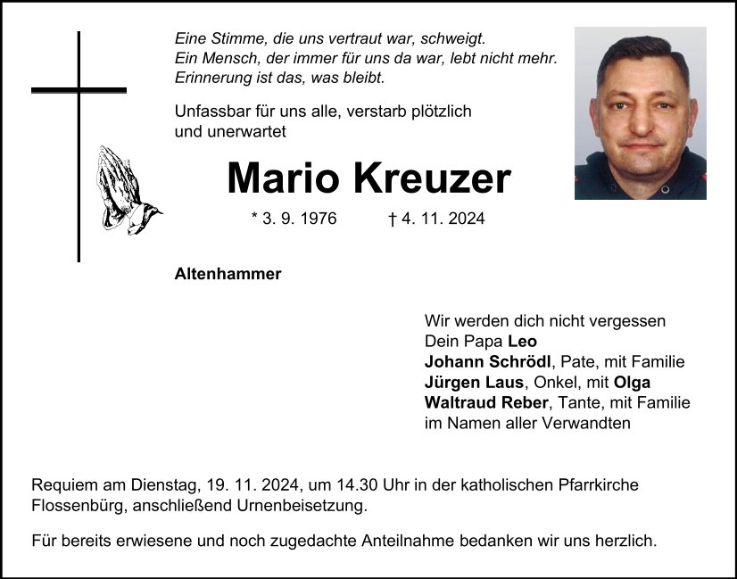 Traueranzeige Mario Kreuzer, Altenhammer