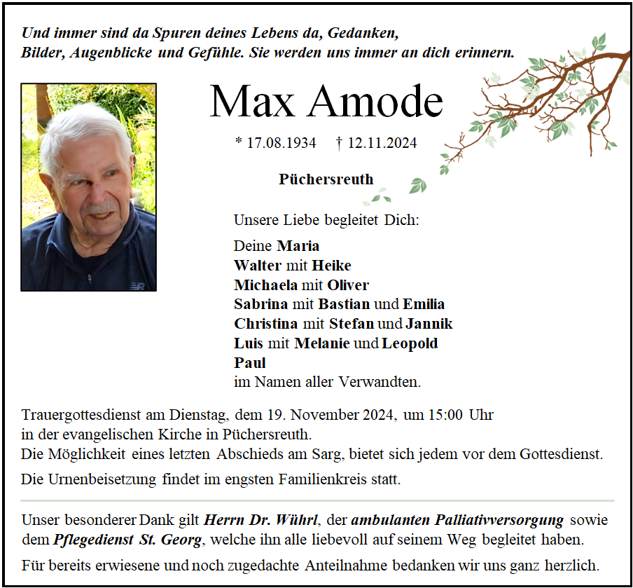 Traueranzeige Max Amode, Püchersreuth