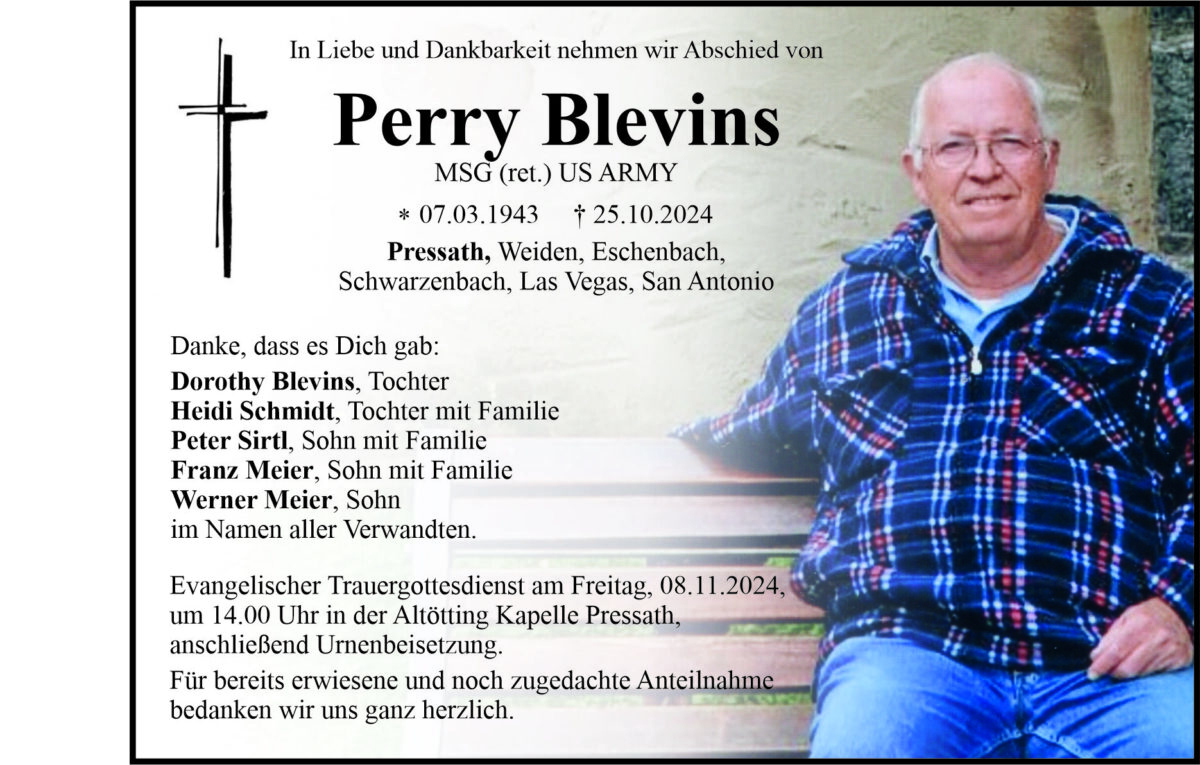 Traueranzeige Perry Blevins, Pressath