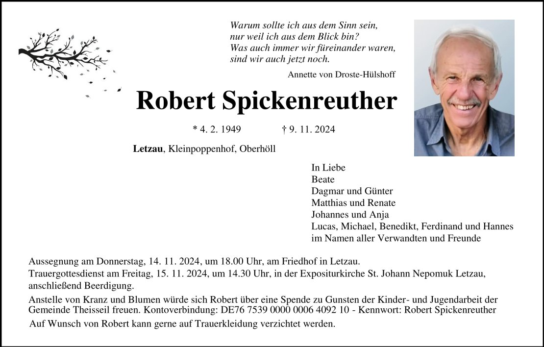 Traueranzeige Robert Spickenreuther, Letzau