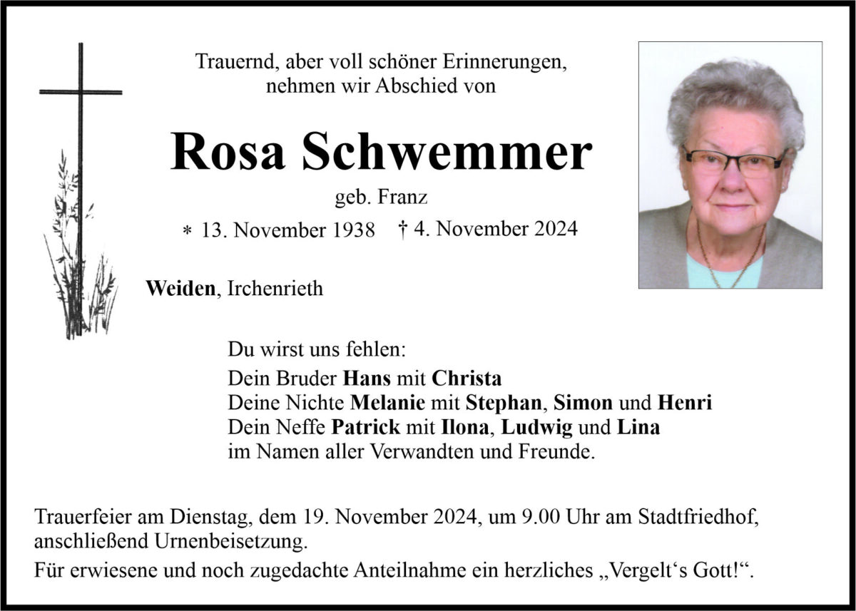 Traueranzeige Rosa Schwemmer, Weiden