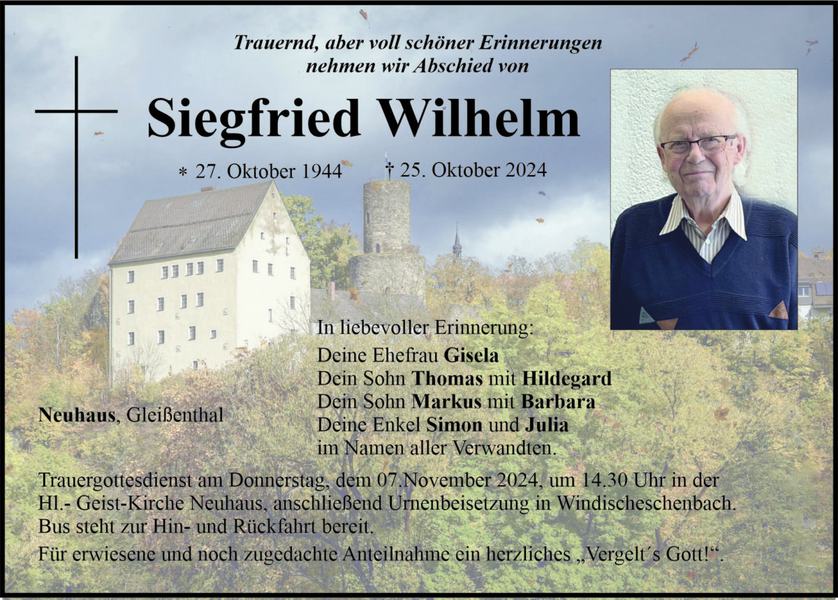 Traueranzeige Siegfried Wilhelm, Neuhaus