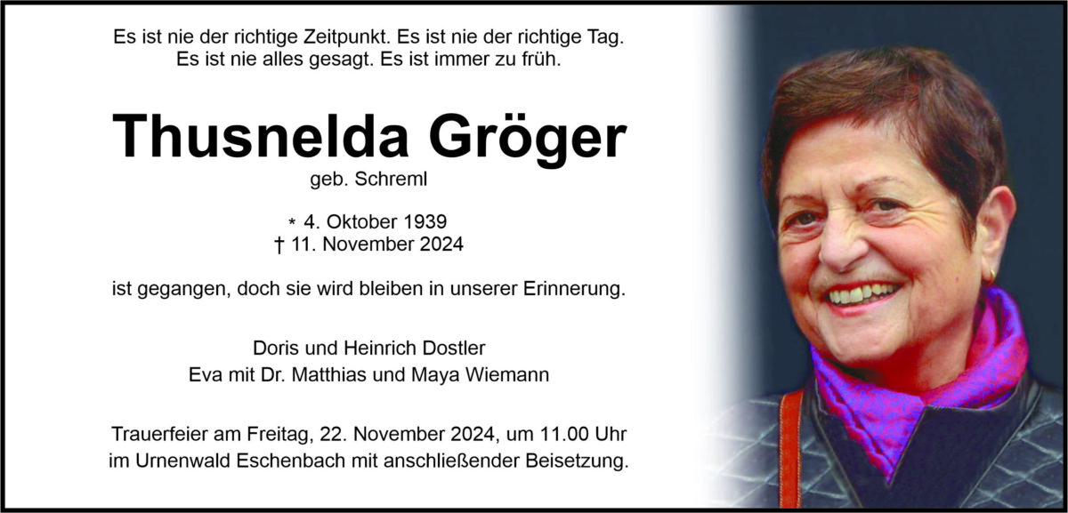 Traueranzeige Thusnelda Gröger, Eschenbach