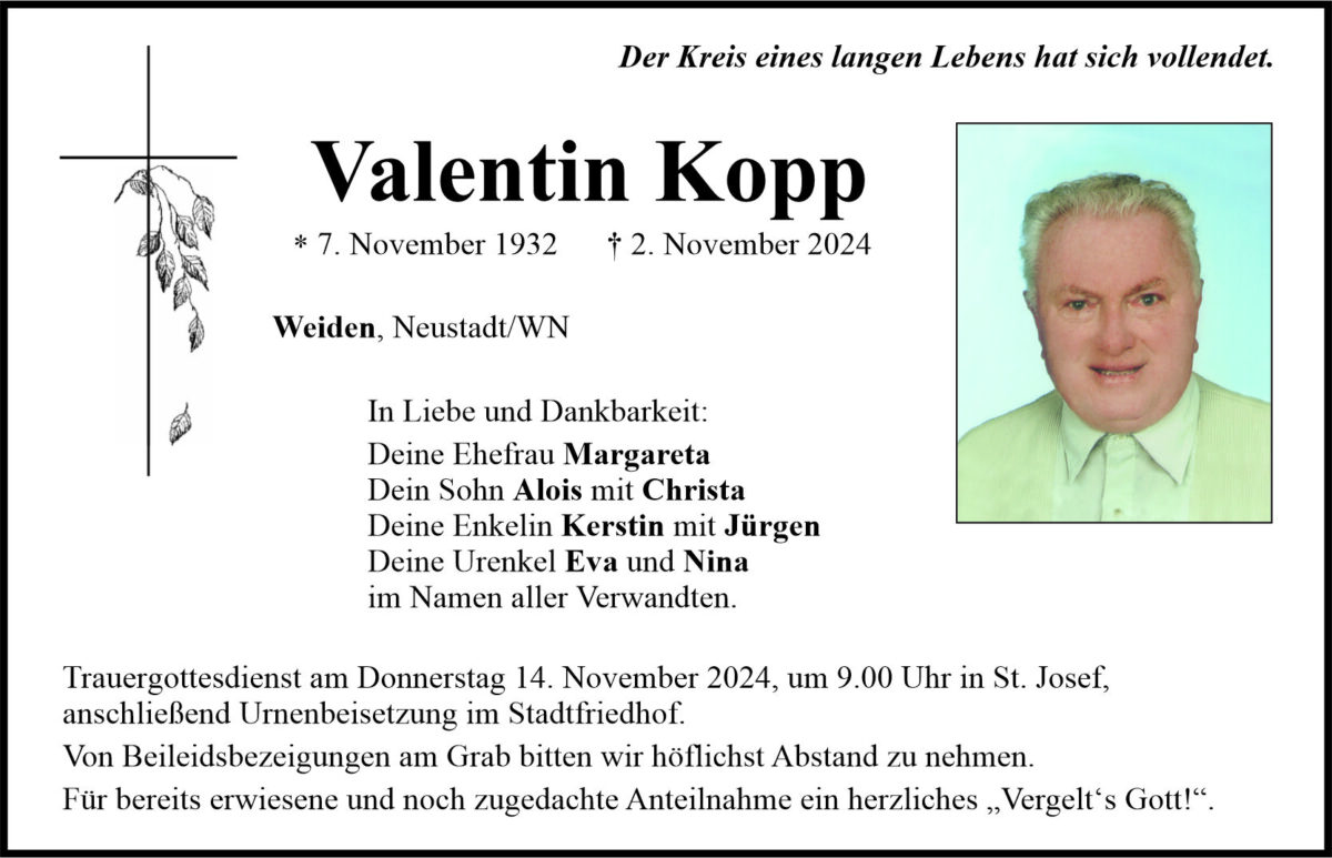 Traueranzeige Valentin Kopp, Weiden