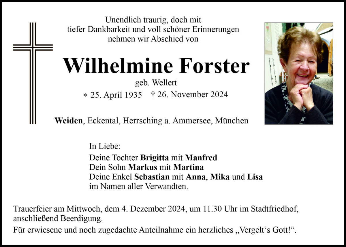 Traueranzeige Wilhelmine Forster, Weiden