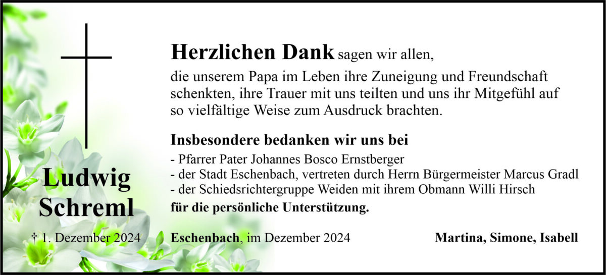 Danksagung Ludwig Schreml, Eschenbach