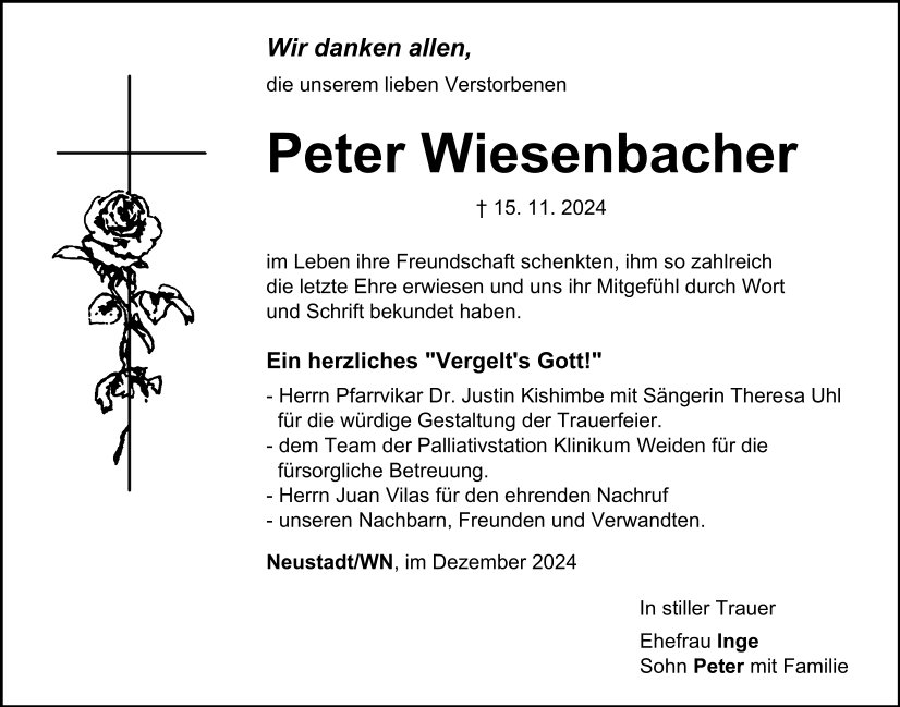 Danksagung Peter Wiesenbacher, Neusatdt/WN.