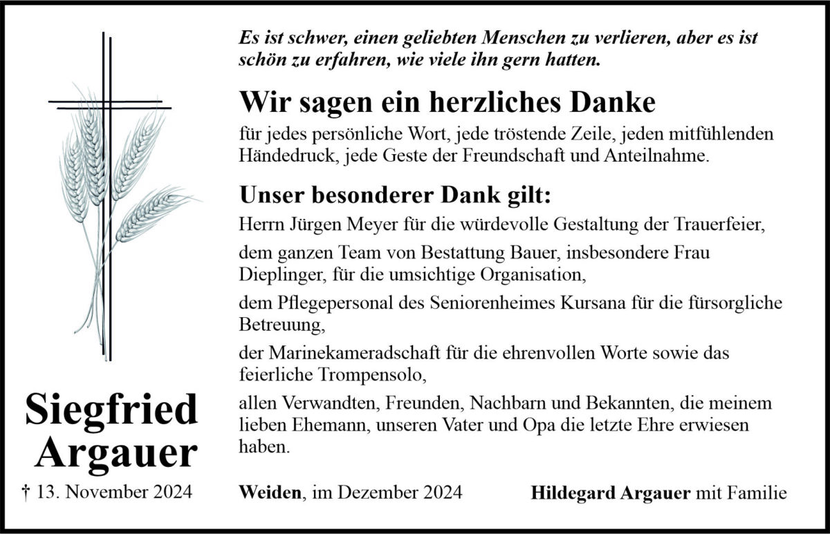 Danksagung Siegfried Argauer, Weiden