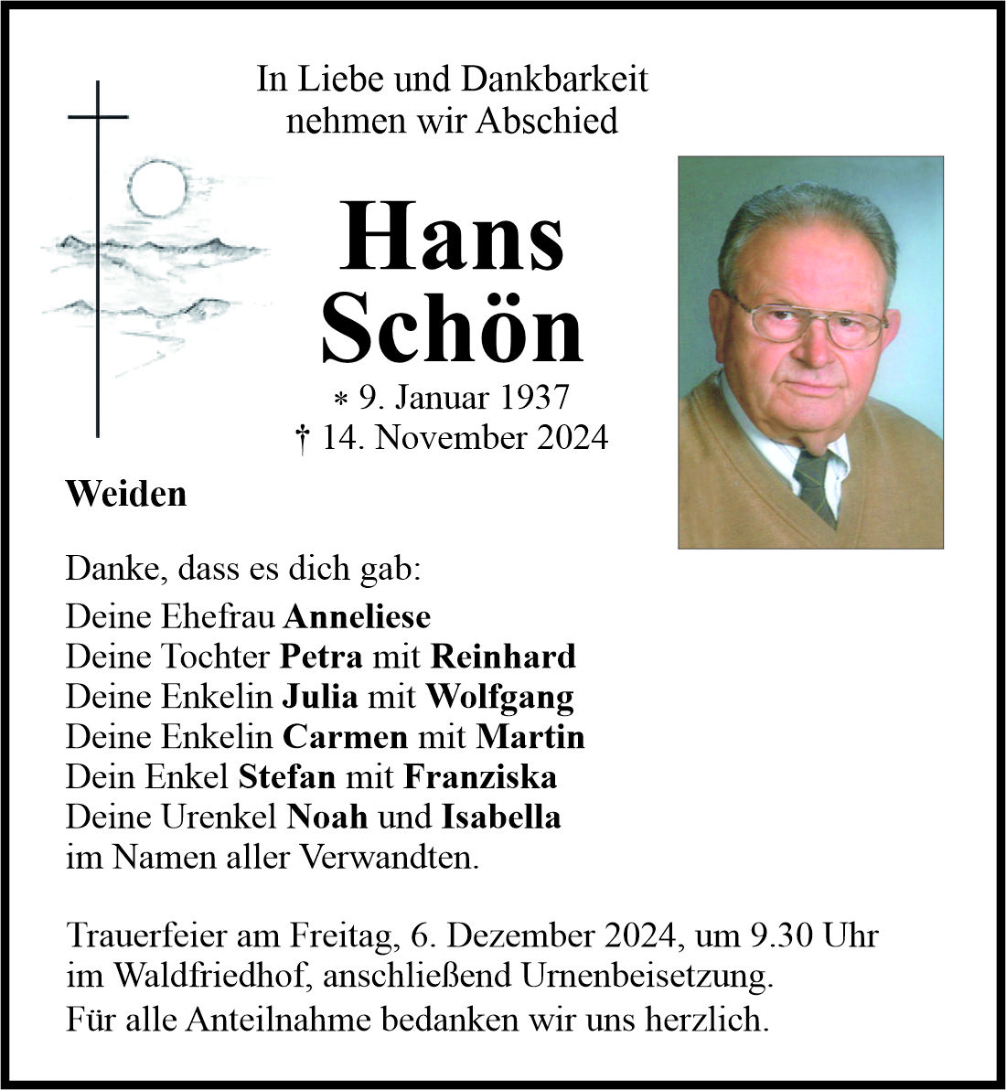 Gedenkanzeige Hans Schön, Weiden