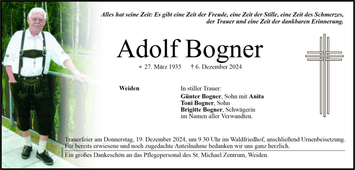 Traueranzeige Adolf Bogner, Weiden