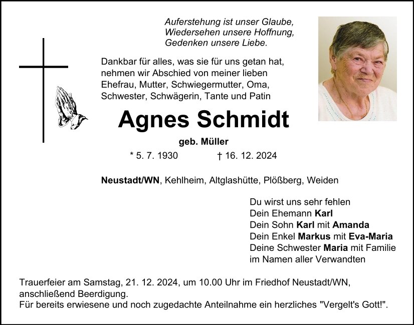 Traueranzeige Agnes Schmidt, Neustadt/WN