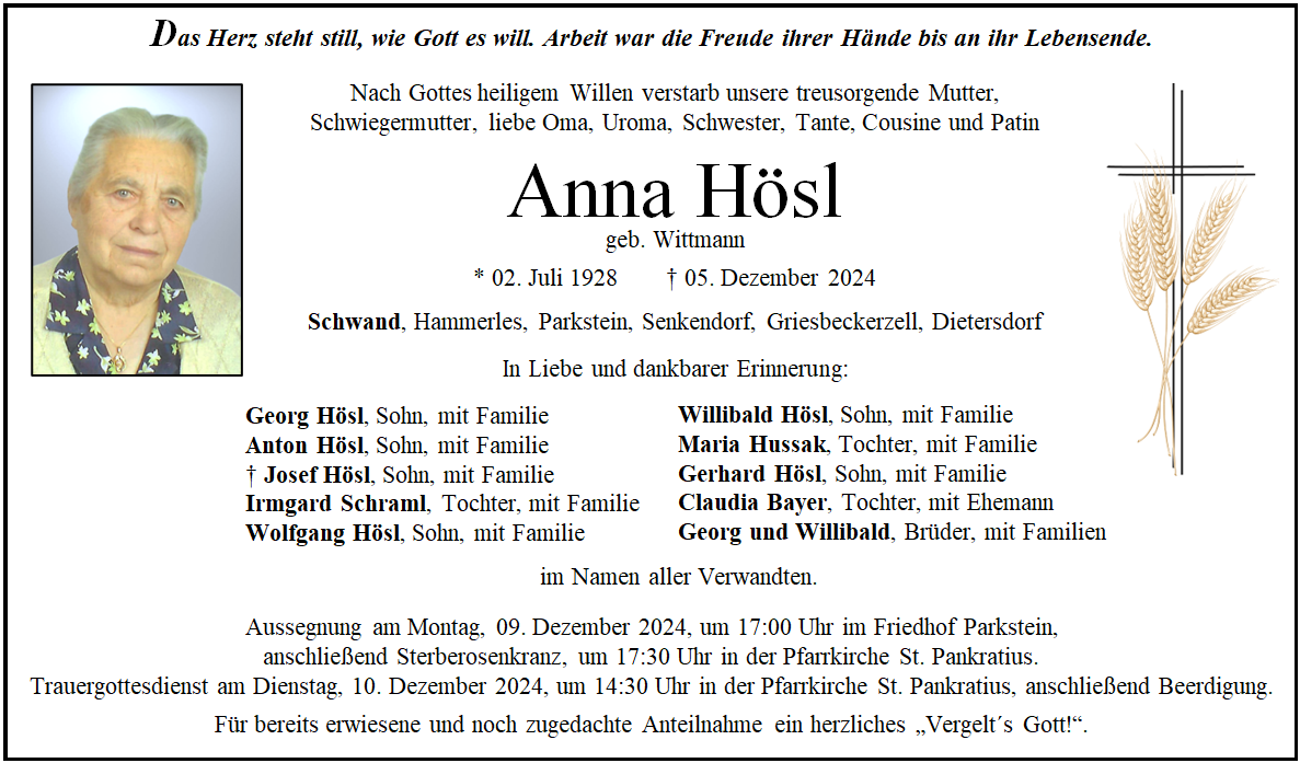 Traueranzeige Anna Hösl, Parkstein
