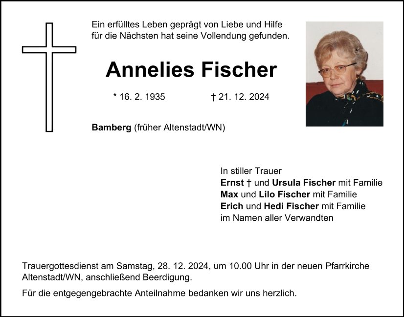 Traueranzeige Annelies Fischer, Bamberg