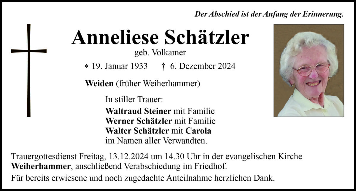 Traueranzeige Anneliese Schätzler, Weiden