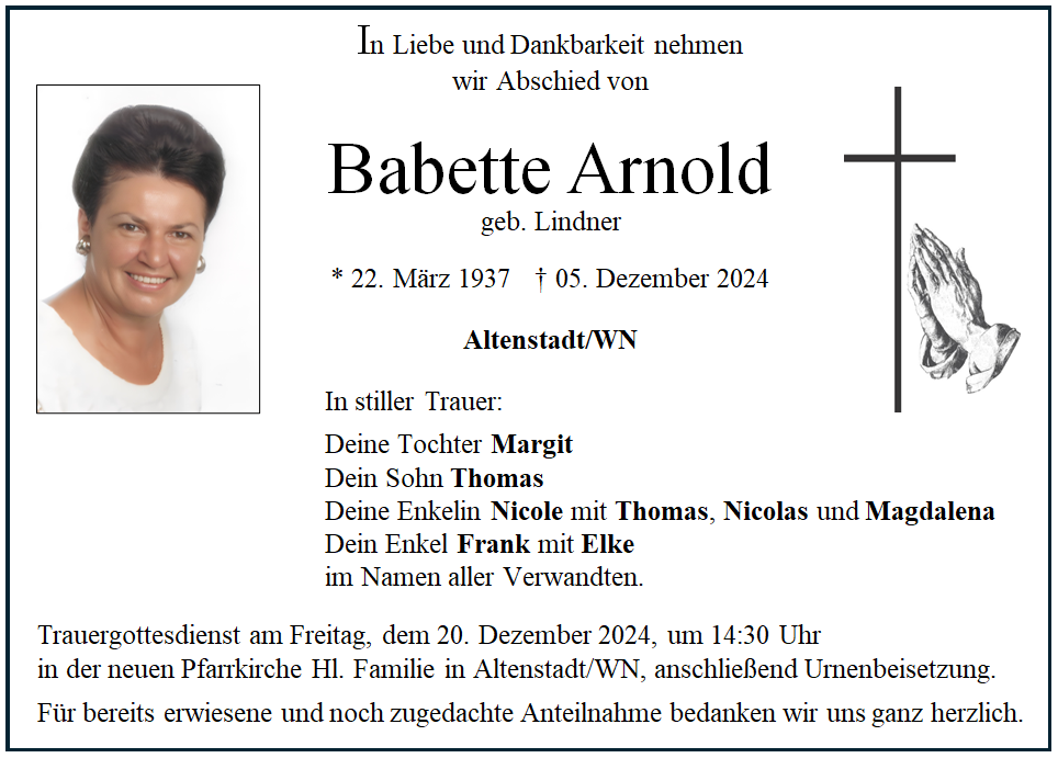 Traueranzeige Babette Arnold, Altenstadt/WN