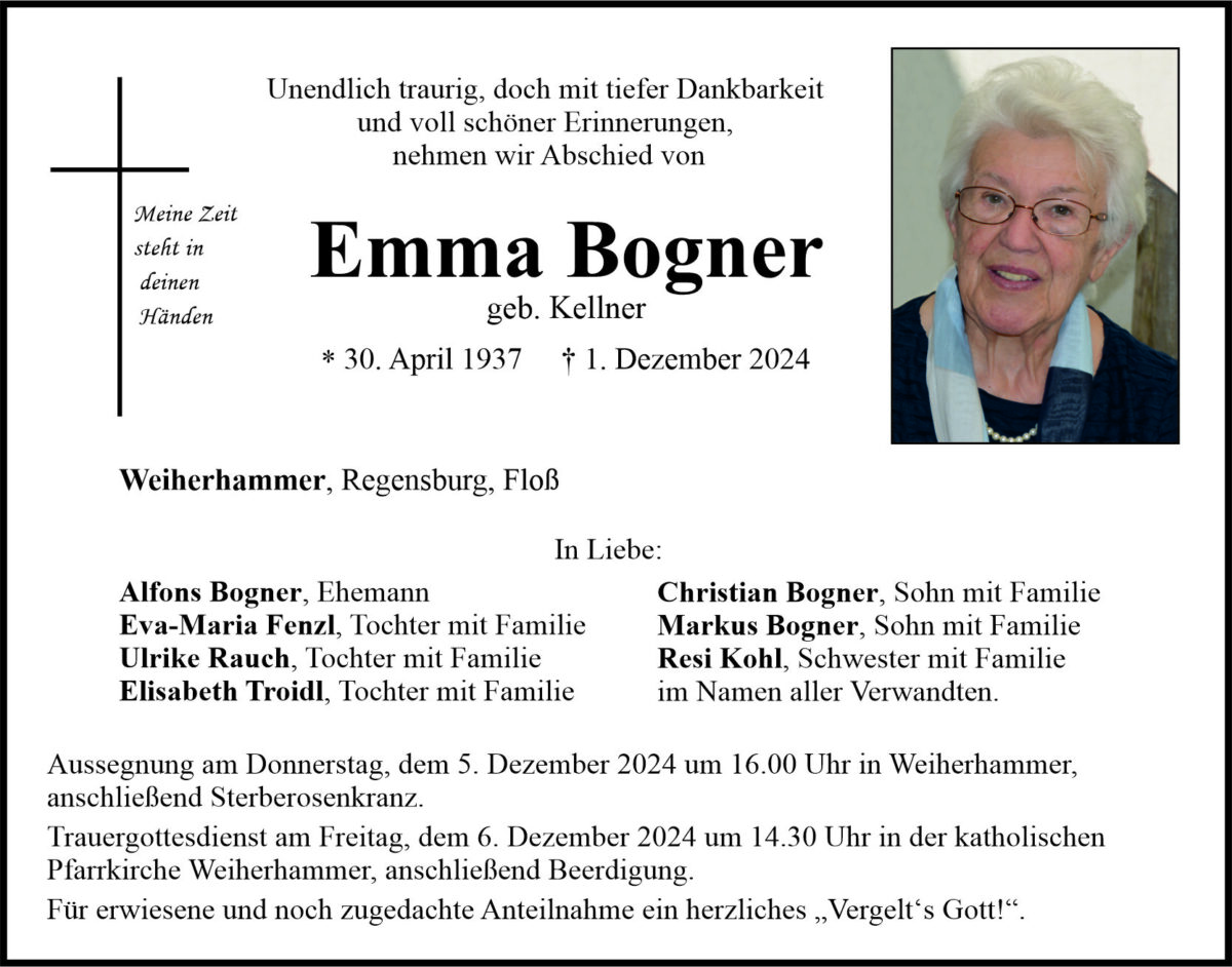 Traueranzeige Emma Bogner, Weiherhammer